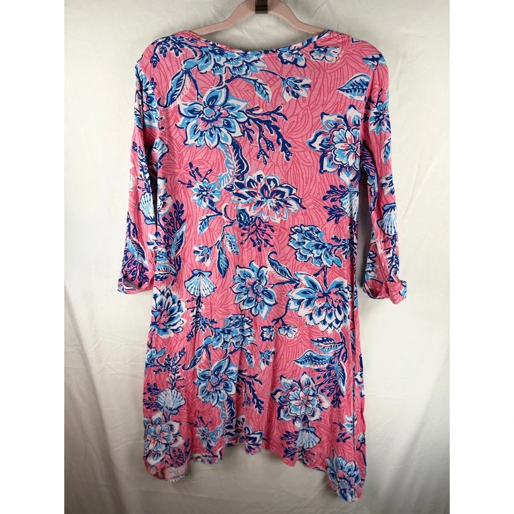 Caribbean Joe Womens Pink Blue Floral Seashell Sharkbite Hem 3/4 Sleeve dress  S